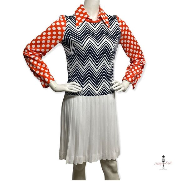 VINTAGE 1970s Fun Funky Polka Dot ZigZag Chevron Mixed Print Dress Medium 8 CuTE - Picture 5 of 14